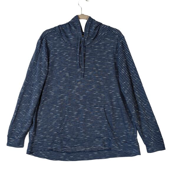 Weatherproof Vintage Slub Hoodie Blue Stripe L Hi Low Stretchy Kangaroo Pocket - Picture 1 of 10